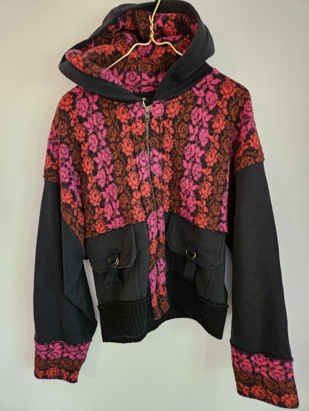 Free People Rockwell Sweater Hoodie Bomber Jacket Pink Black Floral Boho, M - Picture 2 of 15